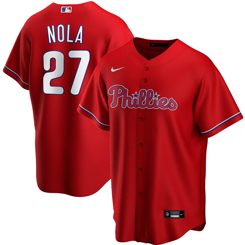 2020 MLB Men Philadelphia Phillies #27 Aaron Nola Nike Red Alternate 2020 Replica Player Jersey 1->pittsburgh pirates->MLB Jersey